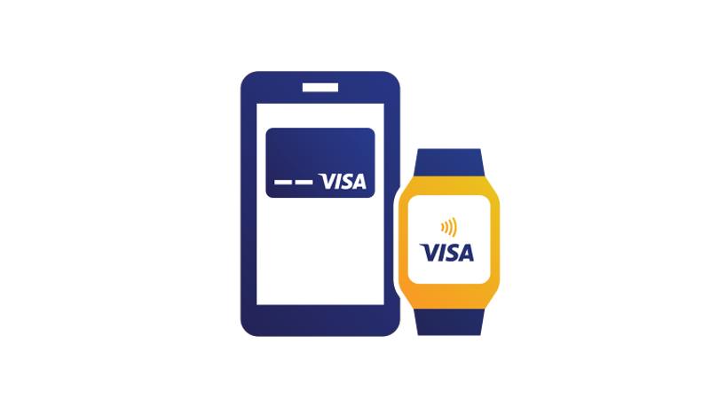Illustration of a smart phone displaying a Visa credit card positioned next to a smart watch displaying the Visa Contactless symbol.