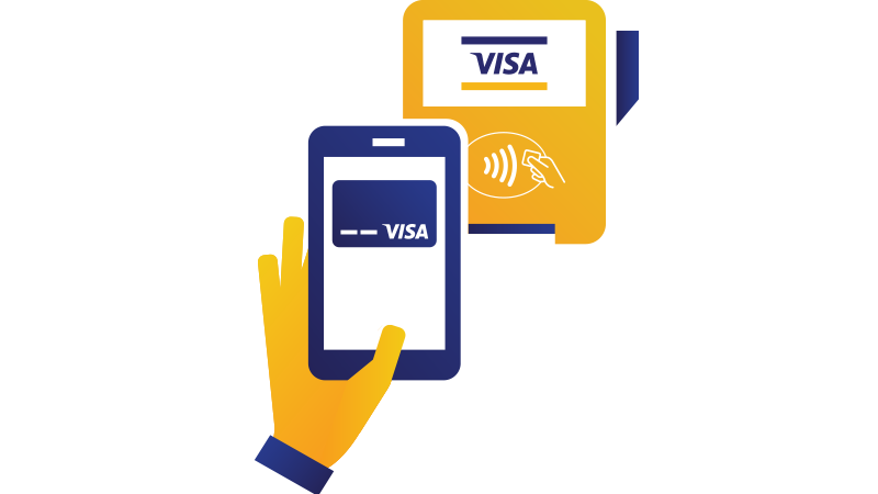 Illustration of a Visa mobile payment as a hand holds a phone over a contactless payment terminal.