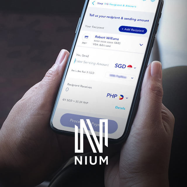 Nium app on smartphone with Nium logo at the bottom.