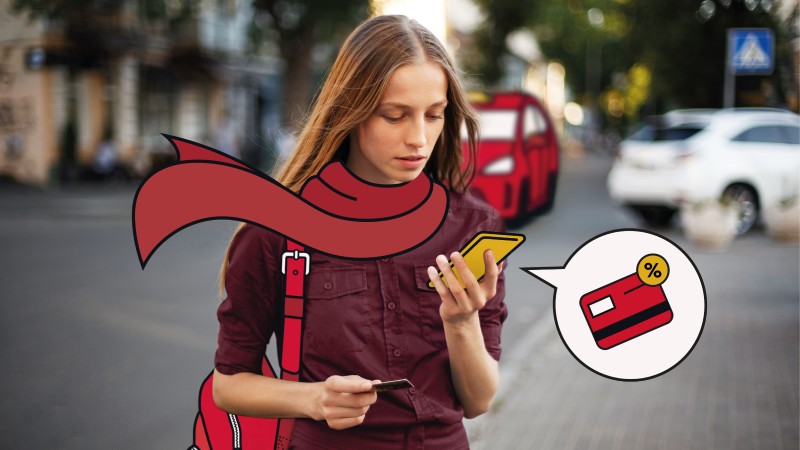 woman with animated scarf and phone
